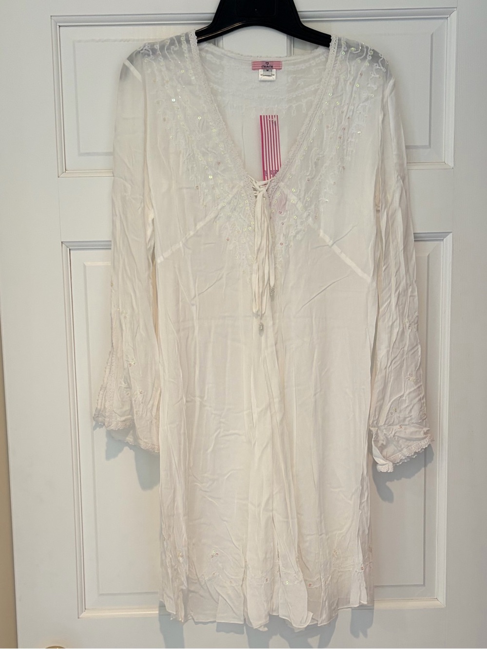 NWT Chach Embroidered Tie-Front Tunic Dress in Ivory